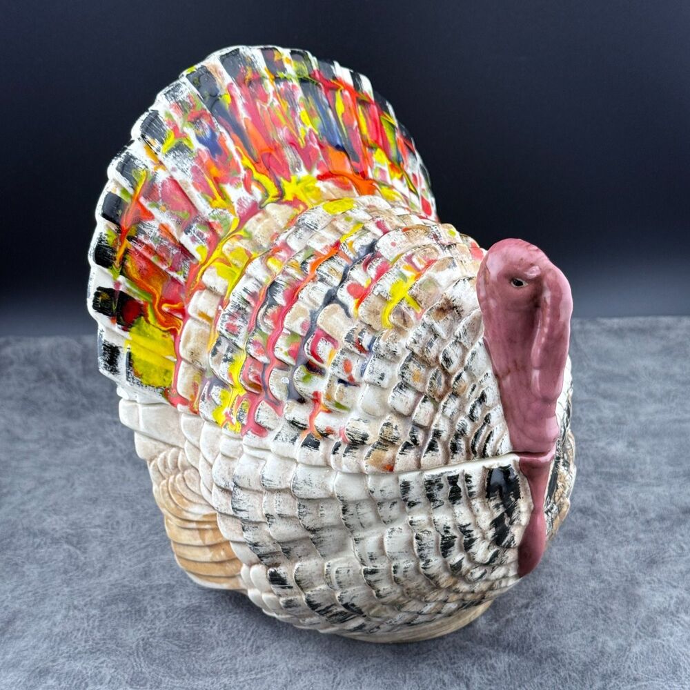 Ceramic Turkey Covered Sauce Dish Jar Thanksgiving Fall Hand Painted Vintage 7"